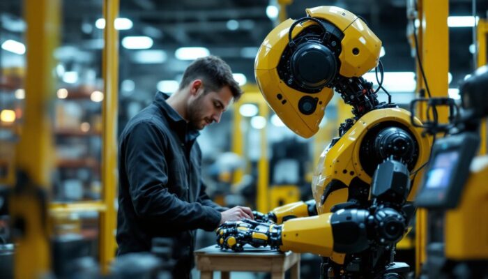 A photograph of a skilled software engineer working alongside an industrial robot in a modern manufacturing environment