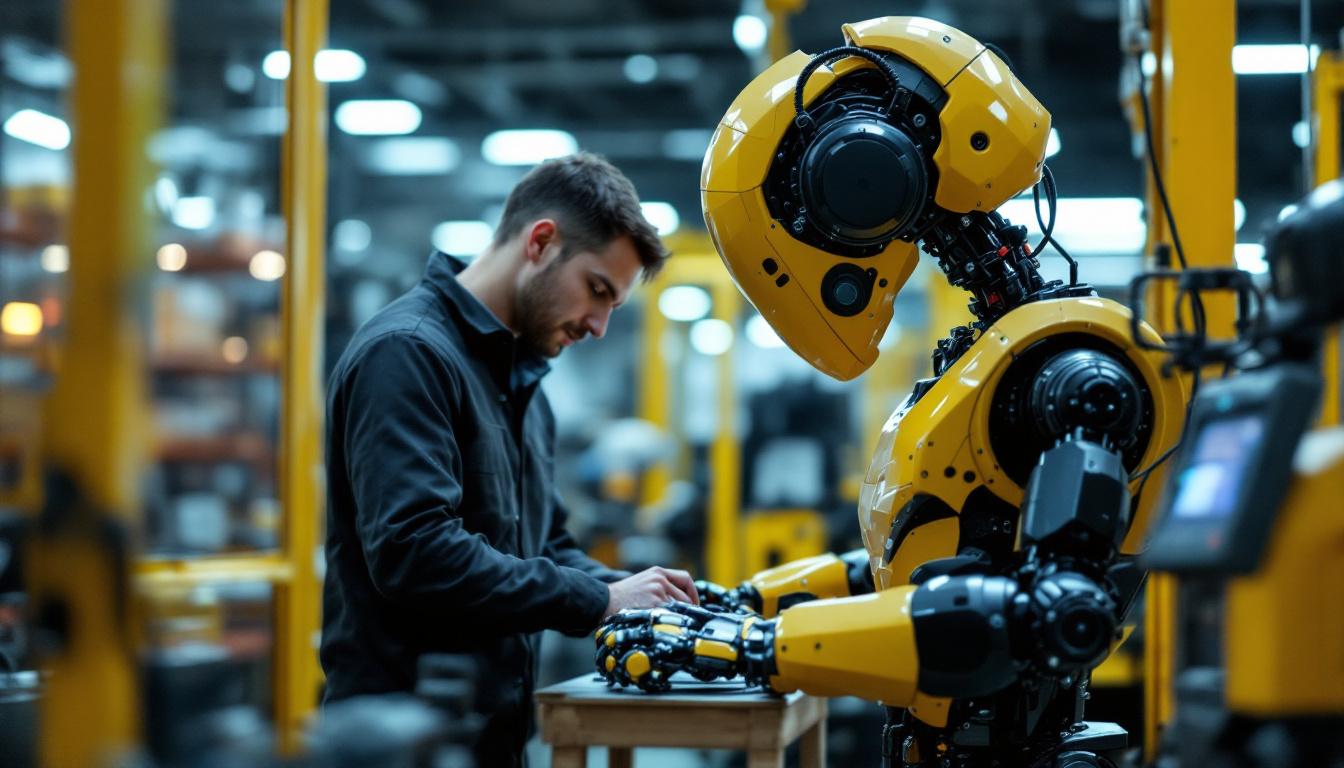 A photograph of a skilled software engineer working alongside an industrial robot in a modern manufacturing environment