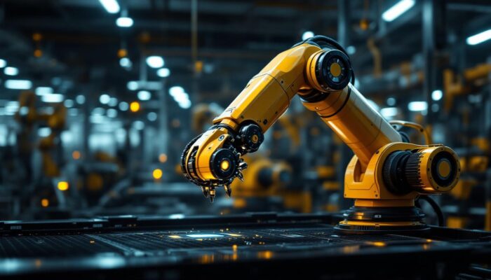 A photograph of a sleek industrial robotic arm in action within a modern manufacturing environment