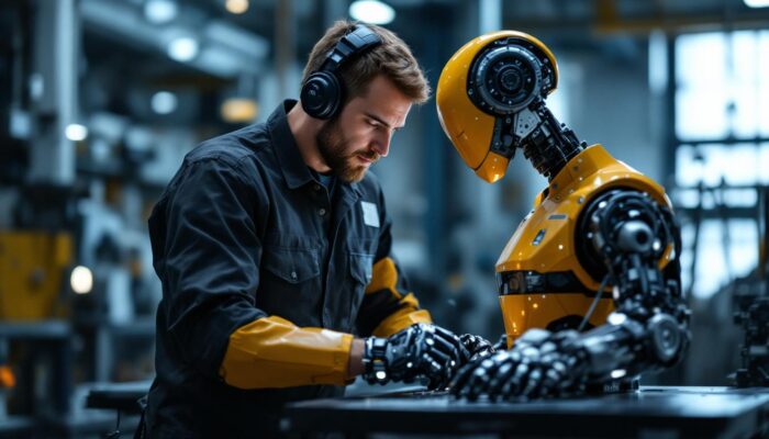 A photograph of a skilled mechanical engineer working alongside a sophisticated industrial robot in a modern manufacturing setting