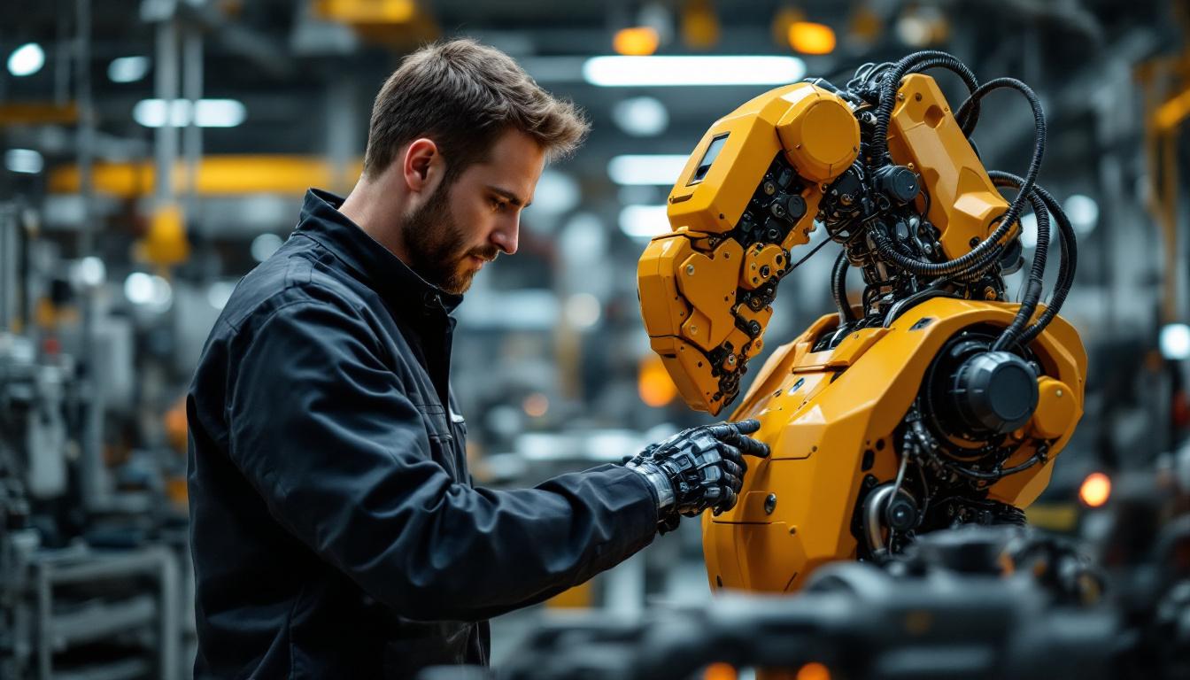 A photograph of a skilled robotics engineer working hands-on with an industrial robot in a modern manufacturing environment