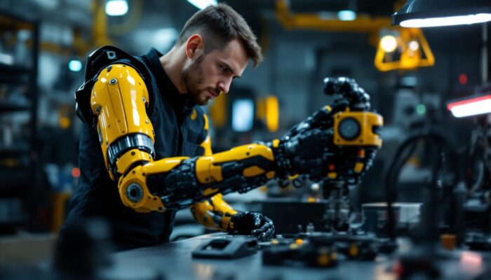 A photograph of a skilled engineer working on a state-of-the-art bionic arm prototype in a modern workshop