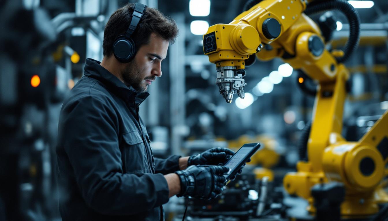 A photograph of a skilled payload specialist programming or operating an industrial robot in a dynamic manufacturing environment