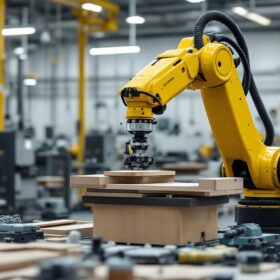 A photograph of a sleek industrial robotic arm in action within the atlas furniture company's workshop