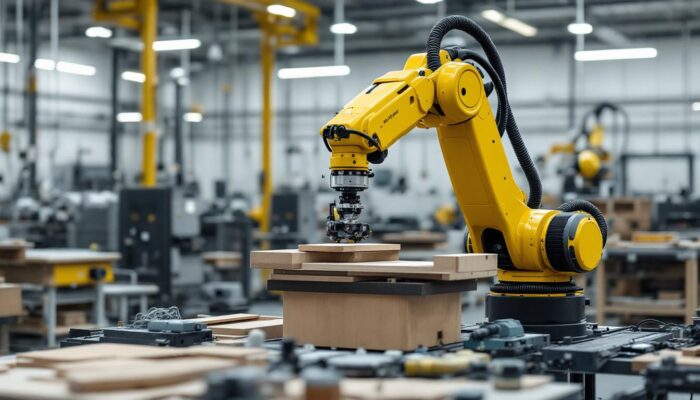 A photograph of a sleek industrial robotic arm in action within the atlas furniture company's workshop