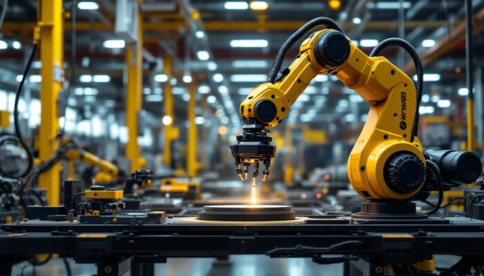 A photograph of a sleek industrial robotic arm in action