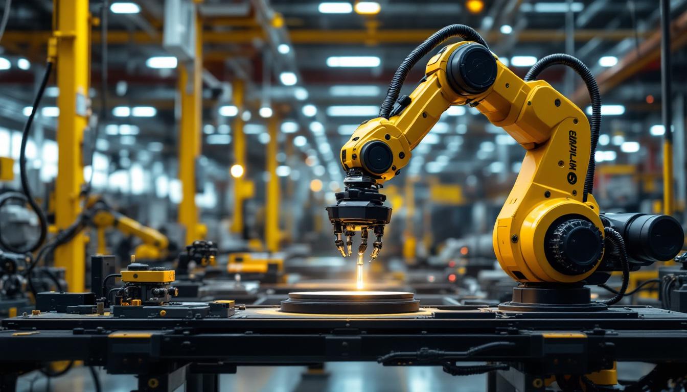 A photograph of a sleek industrial robotic arm in action