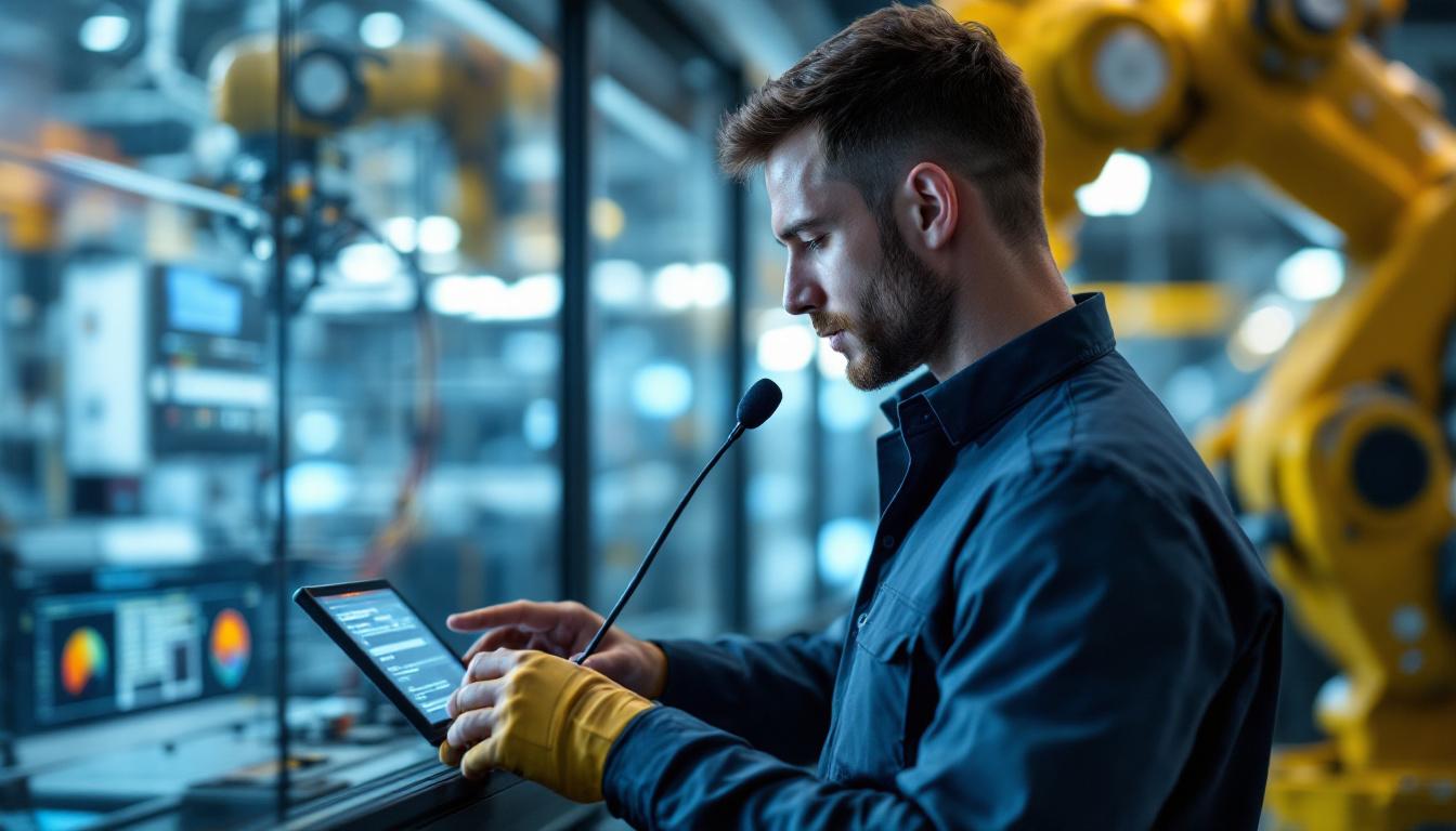 A photograph of a skilled technician using a wireless microphone while programming or operating an industrial robot in a high-tech manufacturing setting