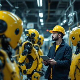 A photograph of a subway manager overseeing the operation of industrial robots in a bustling transit environment