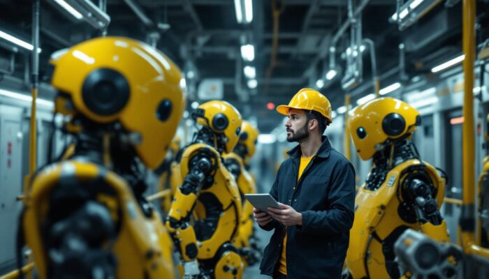 A photograph of a subway manager overseeing the operation of industrial robots in a bustling transit environment