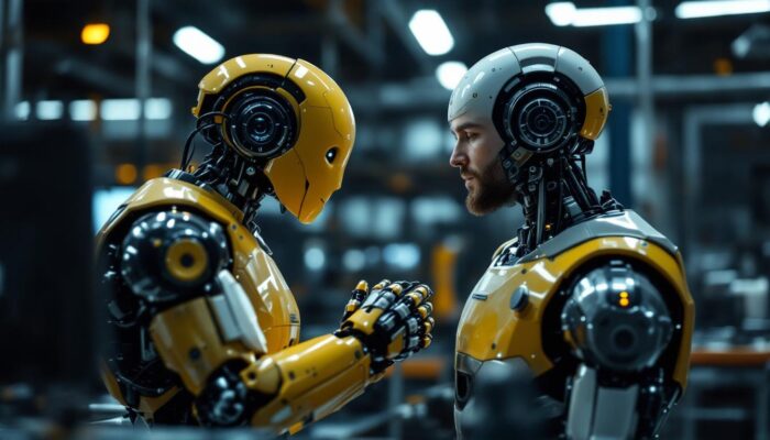 A photograph of a compassionate interaction between a human and an industrial robot in a workspace