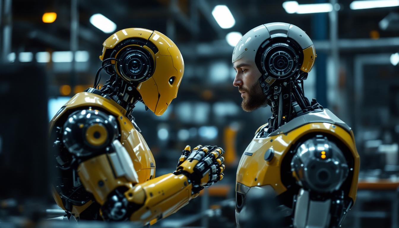 A photograph of a compassionate interaction between a human and an industrial robot in a workspace