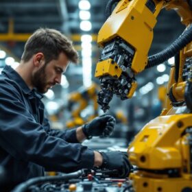A photograph of a skilled electrical engineer working on an industrial robot in a modern manufacturing facility