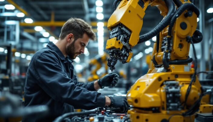 A photograph of a skilled electrical engineer working on an industrial robot in a modern manufacturing facility