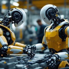 A photograph of a sleek industrial robot in action within a manufacturing environment