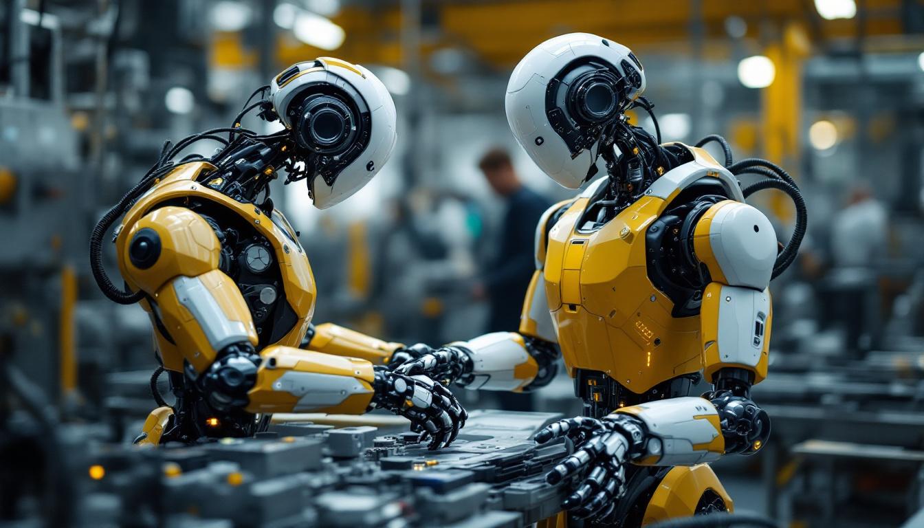 A photograph of a sleek industrial robot in action within a manufacturing environment