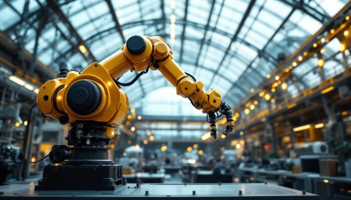 A photograph of a dynamic industrial robotic arm in action