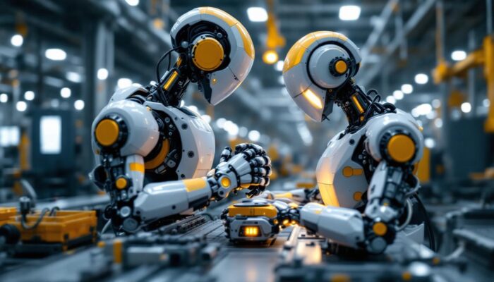 A photograph of a modern industrial robot in action on a factory floor