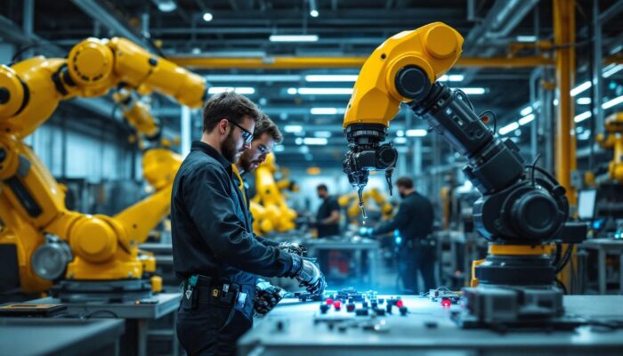 A photograph of a dynamic industrial robotics workspace in boston