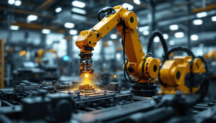 A photograph of a dynamic industrial robotic arm in action