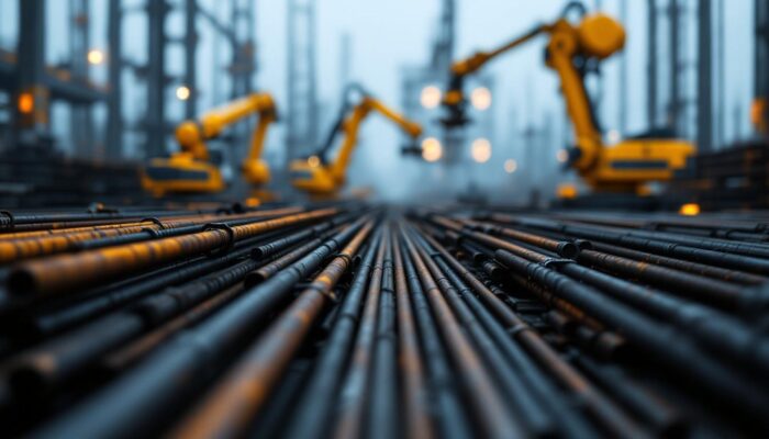 A photograph of a close-up shot of various rebar types and weights laid out on a construction site