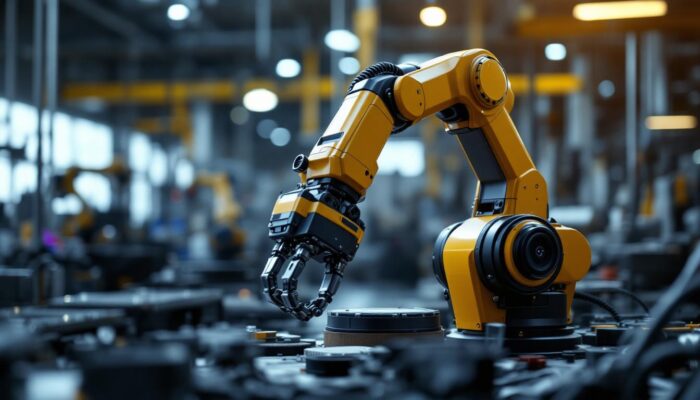 A photograph of a sleek industrial robotic arm in action