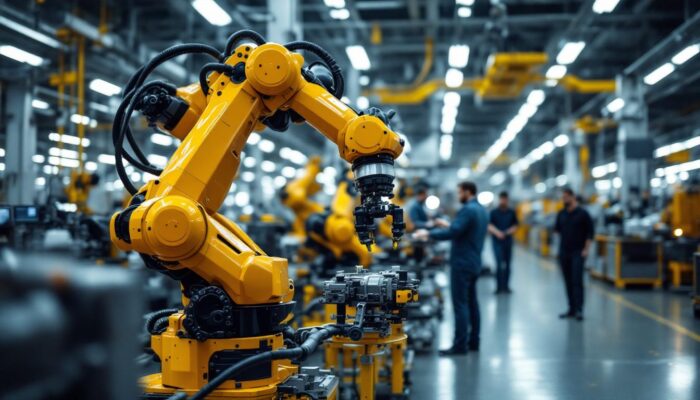 A photograph of a hyundai factory floor showcasing a robotic arm in action