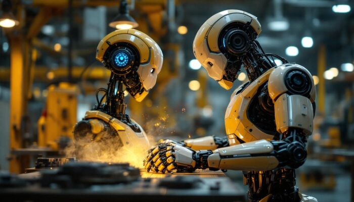 A photograph of capture a photograph of a life-sized industrial robot in an active manufacturing environment