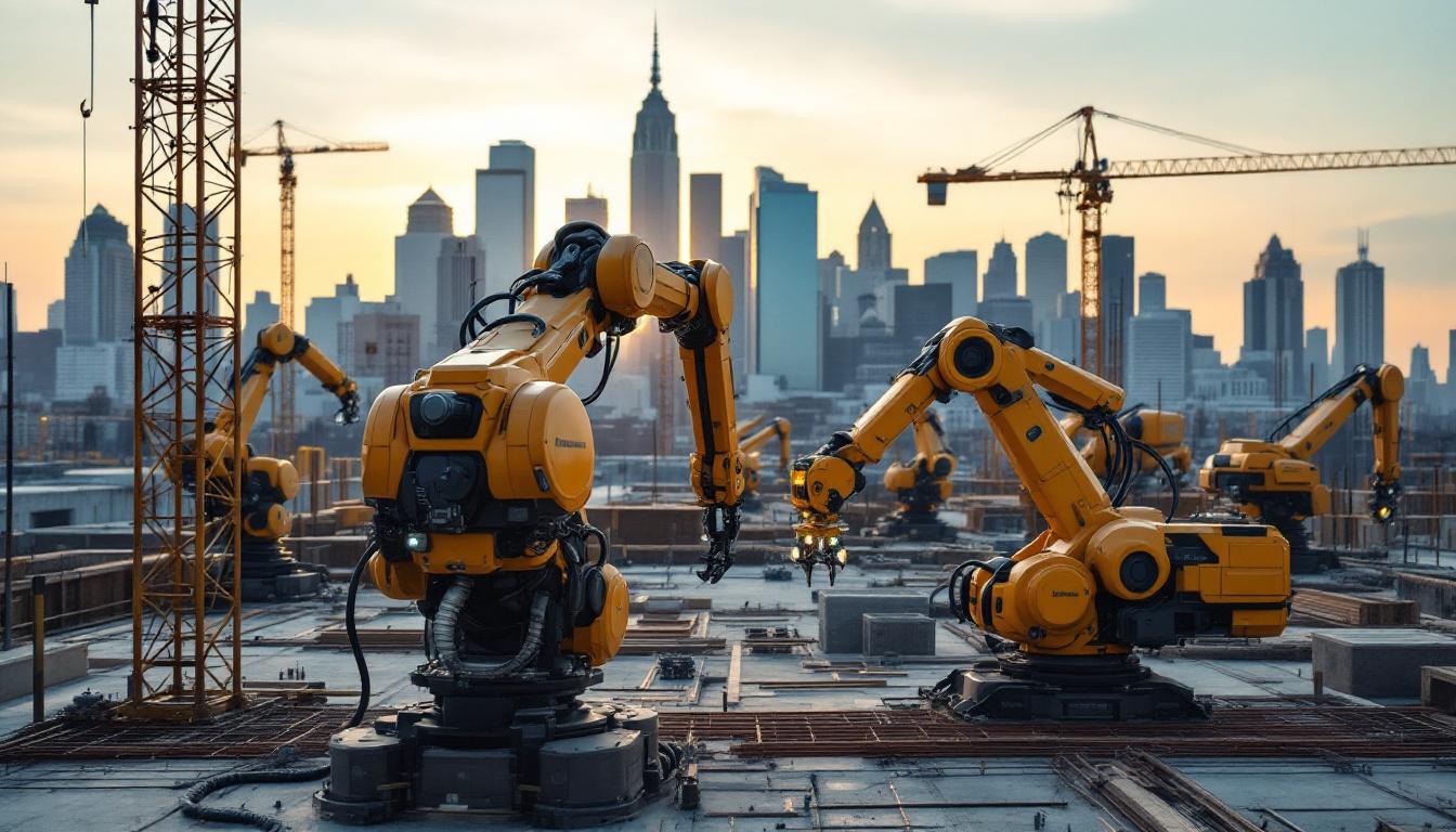 A photograph of a construction site in boston where industrial robots are actively engaged in building processes