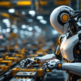 A photograph of a sleek industrial robot in action within a manufacturing environment