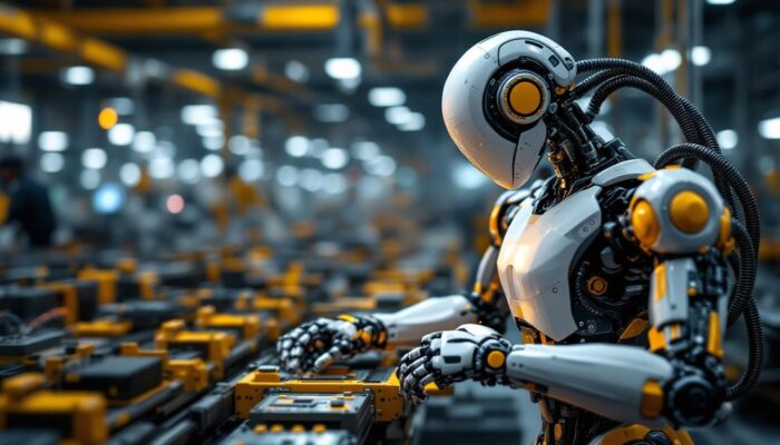 A photograph of a sleek industrial robot in action within a manufacturing environment