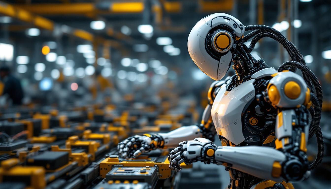A photograph of a sleek industrial robot in action within a manufacturing environment