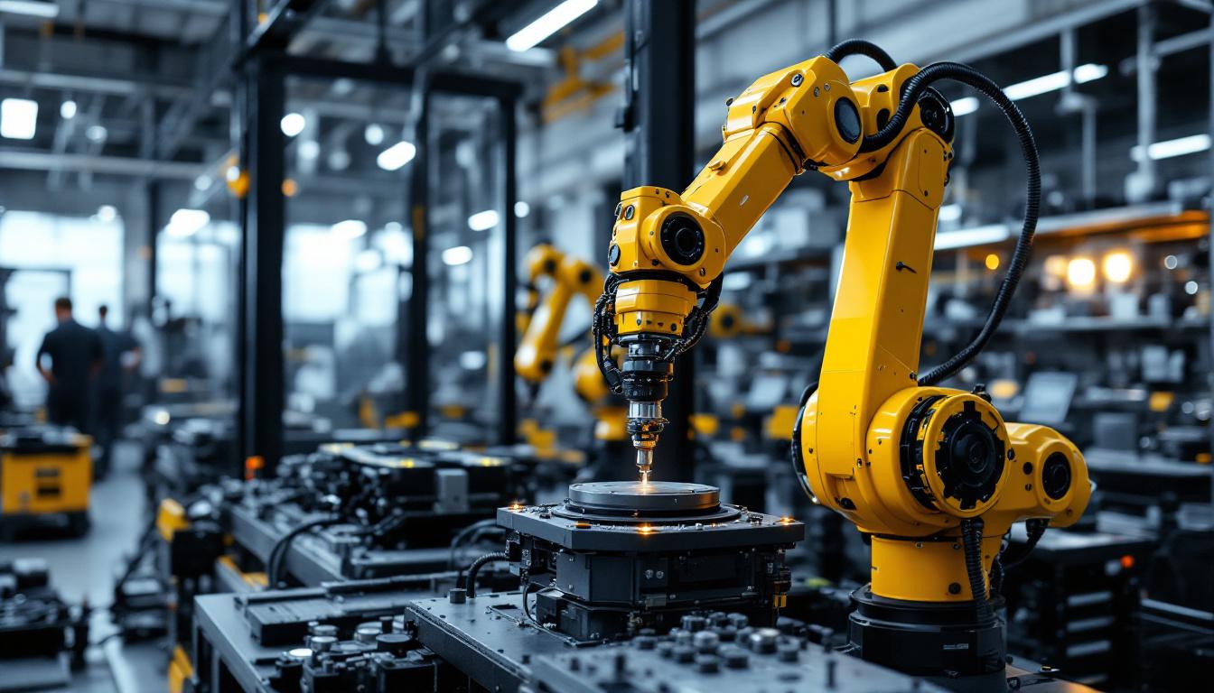 A photograph of a dynamic industrial robotics setup in action