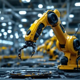 A photograph of a sleek industrial robotic arm in action