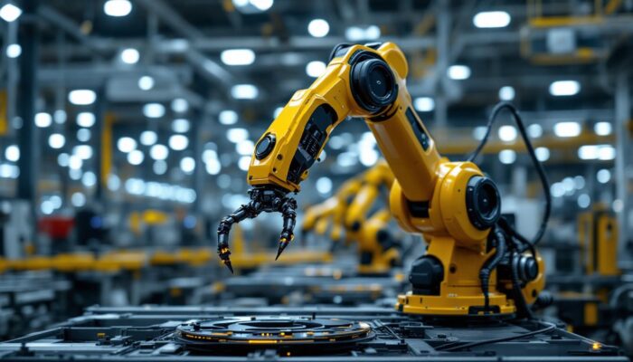A photograph of a sleek industrial robotic arm in action
