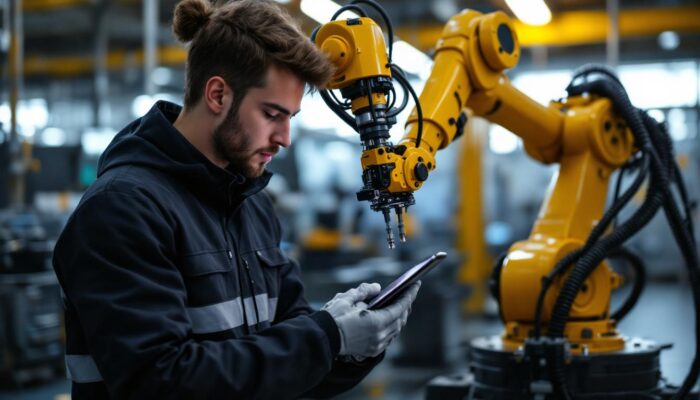 A photograph of a young electrical engineer working on an industrial robotic arm in a modern factory setting