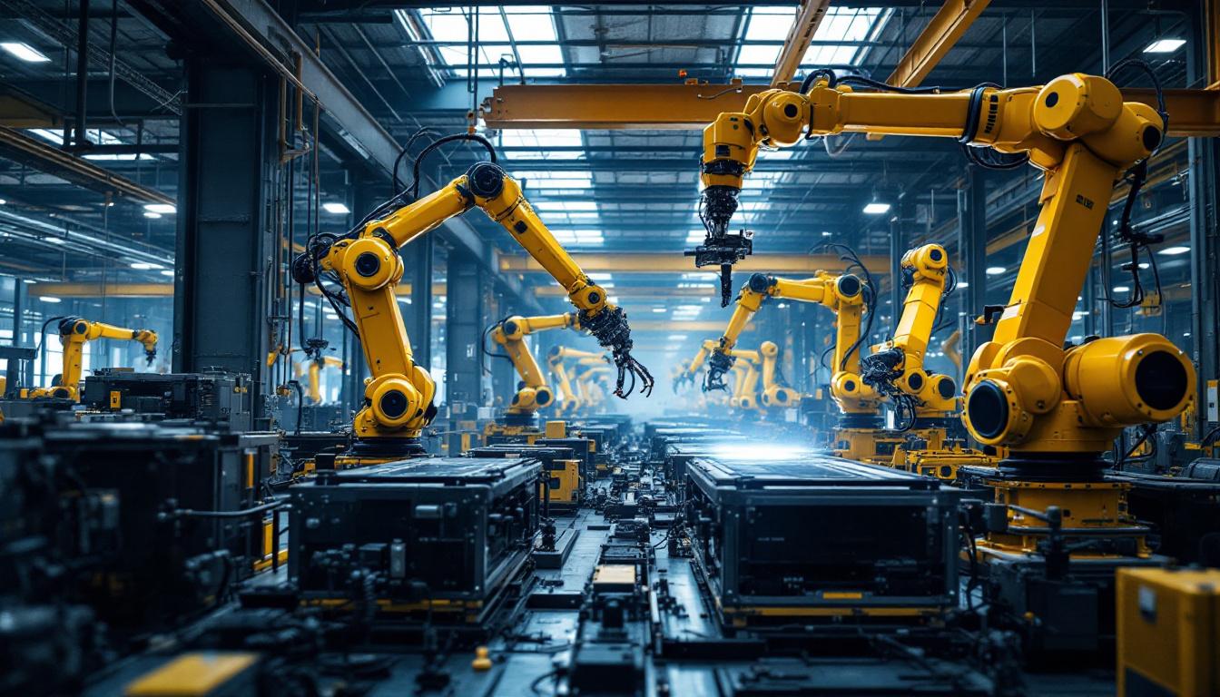 A photograph of a bustling boston industrial area featuring advanced robotics in action