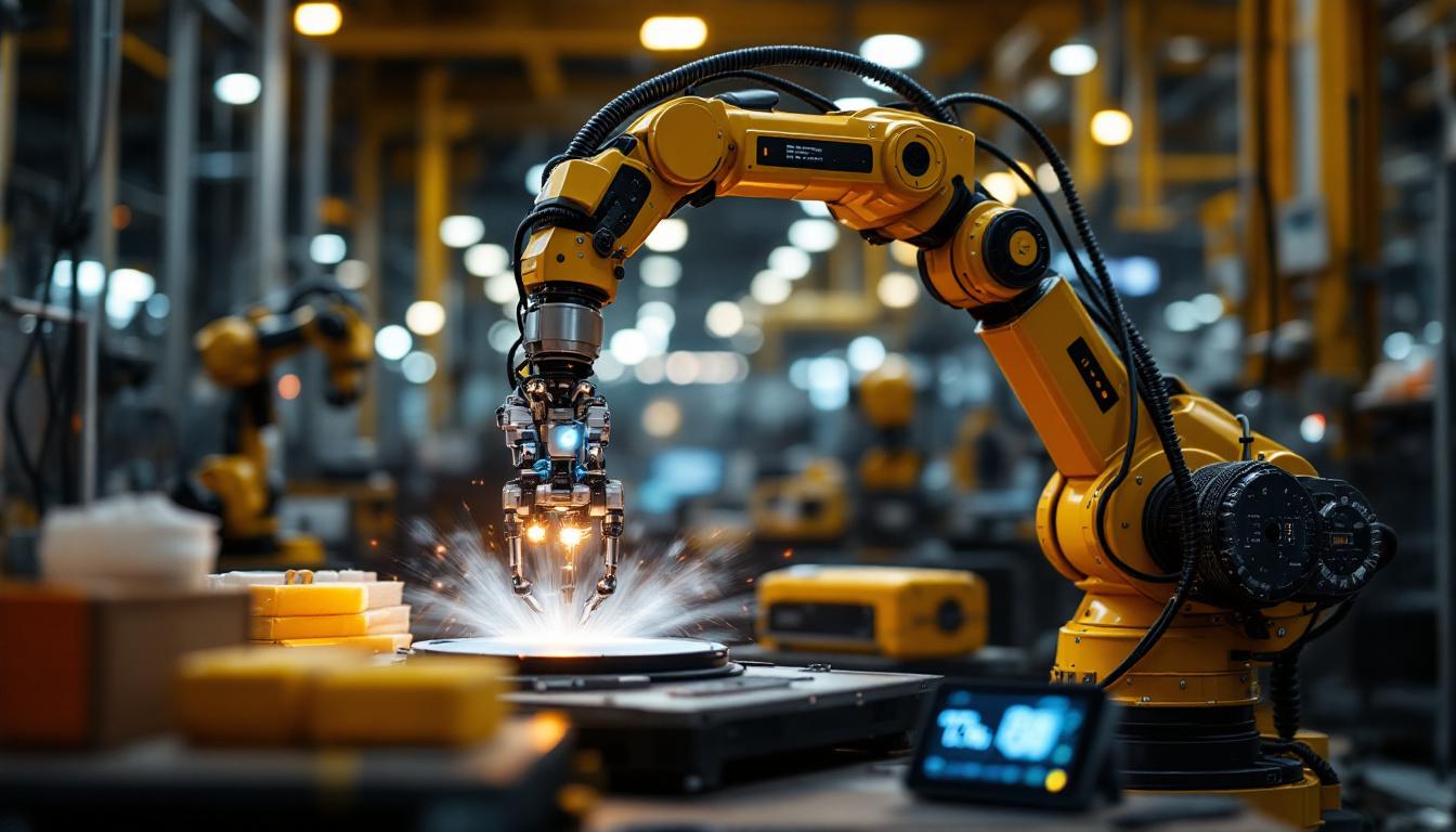 A photograph of a sleek industrial robotic arm in action