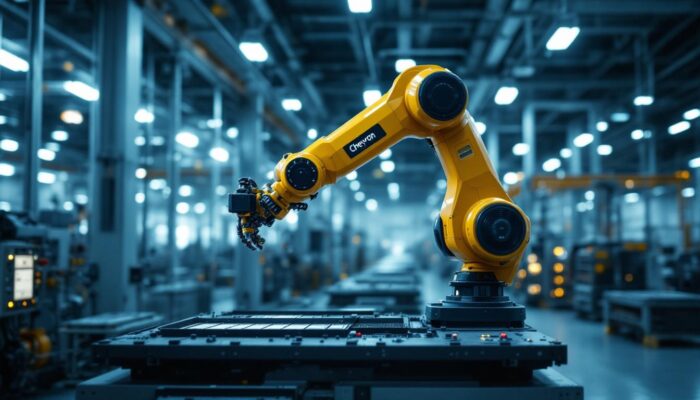 A photograph of a sleek industrial robotic arm in action within a high-tech chevron energy facility