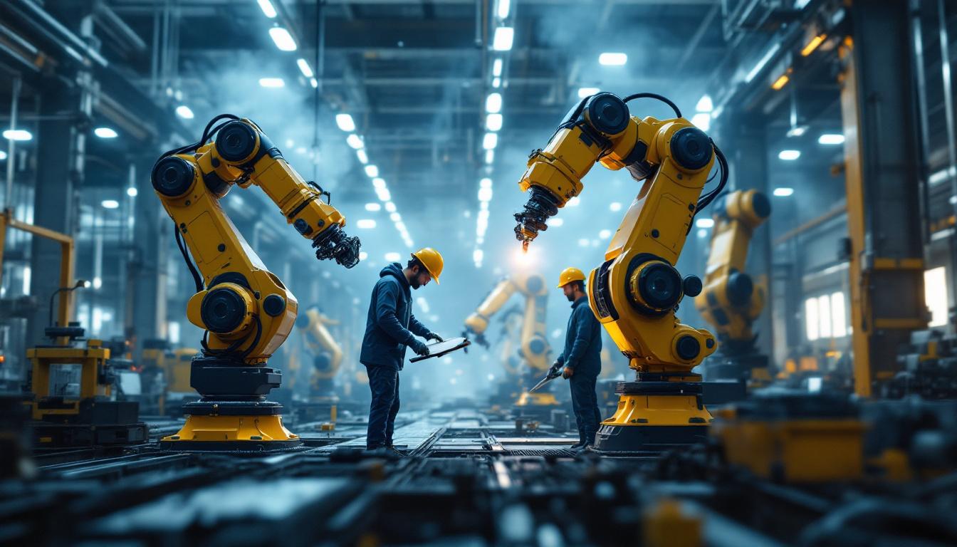 A photograph of a dynamic industrial setting featuring advanced robotic arms in action