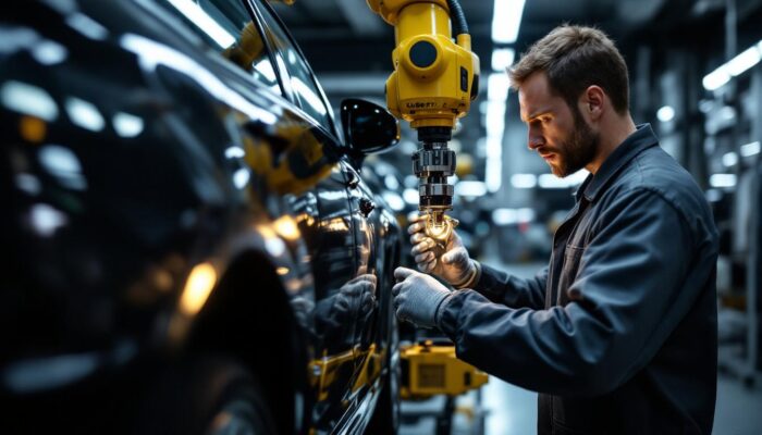 A photograph of a skilled technician conducting a detailed inspection of an uber vehicle using advanced industrial robotic technology