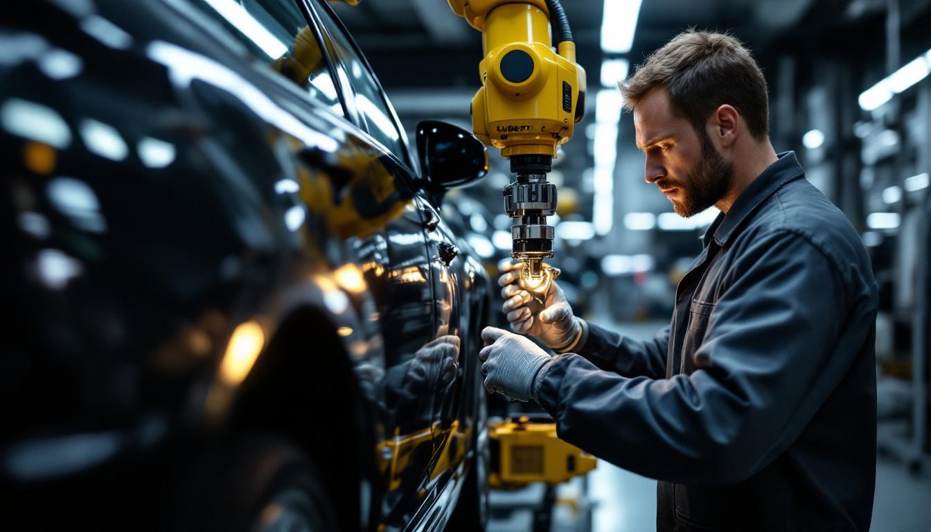 A photograph of a skilled technician conducting a detailed inspection of an uber vehicle using advanced industrial robotic technology