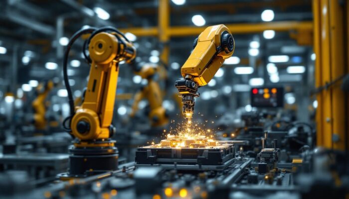 A photograph of a sleek industrial robotic arm in action