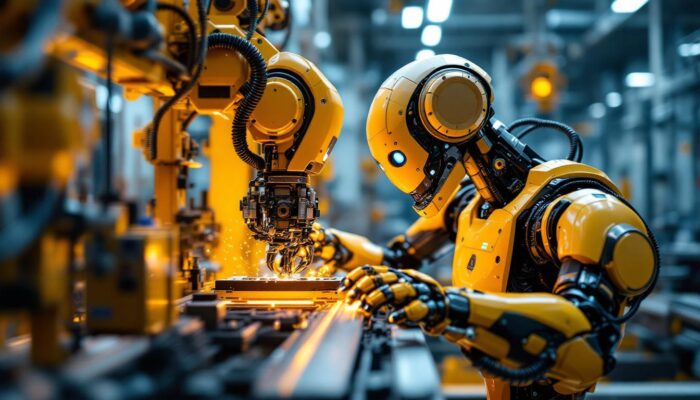 A photograph of a dynamic industrial robot in action
