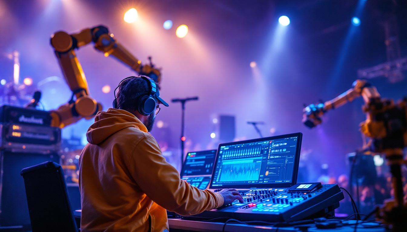 A photograph of a live sound engineer in action at a concert or event