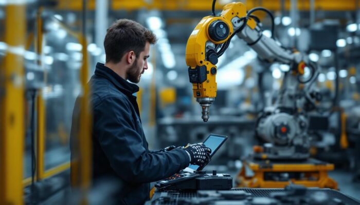 A photograph of capture a photograph of a skilled technician programming or operating an industrial robot in a modern manufacturing environment
