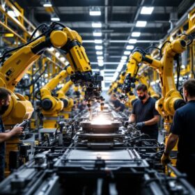 A photograph of a dynamic industrial setting at hyundai motor manufacturing alabama