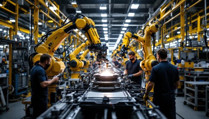 A photograph of a dynamic industrial setting at hyundai motor manufacturing alabama
