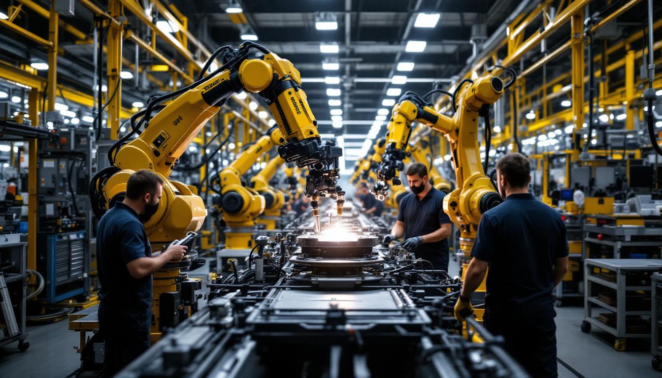 A photograph of a dynamic industrial setting at hyundai motor manufacturing alabama