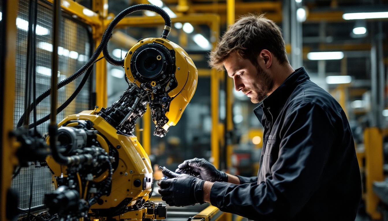 A photograph of a skilled technician working on an industrial robot in a modern manufacturing facility